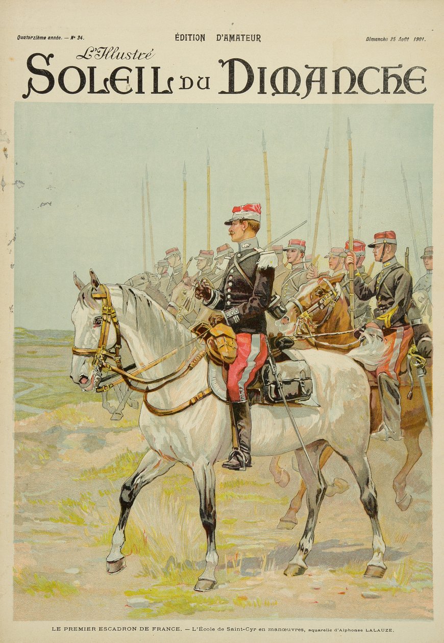 Ranskan ensimmäinen laivue, Saint-Cyrin koulun manööverit, kuvitus "Soleil du Dimanche" -lehden kannesta 25. elokuuta 1901. tekijältä Alphonse Lalauze