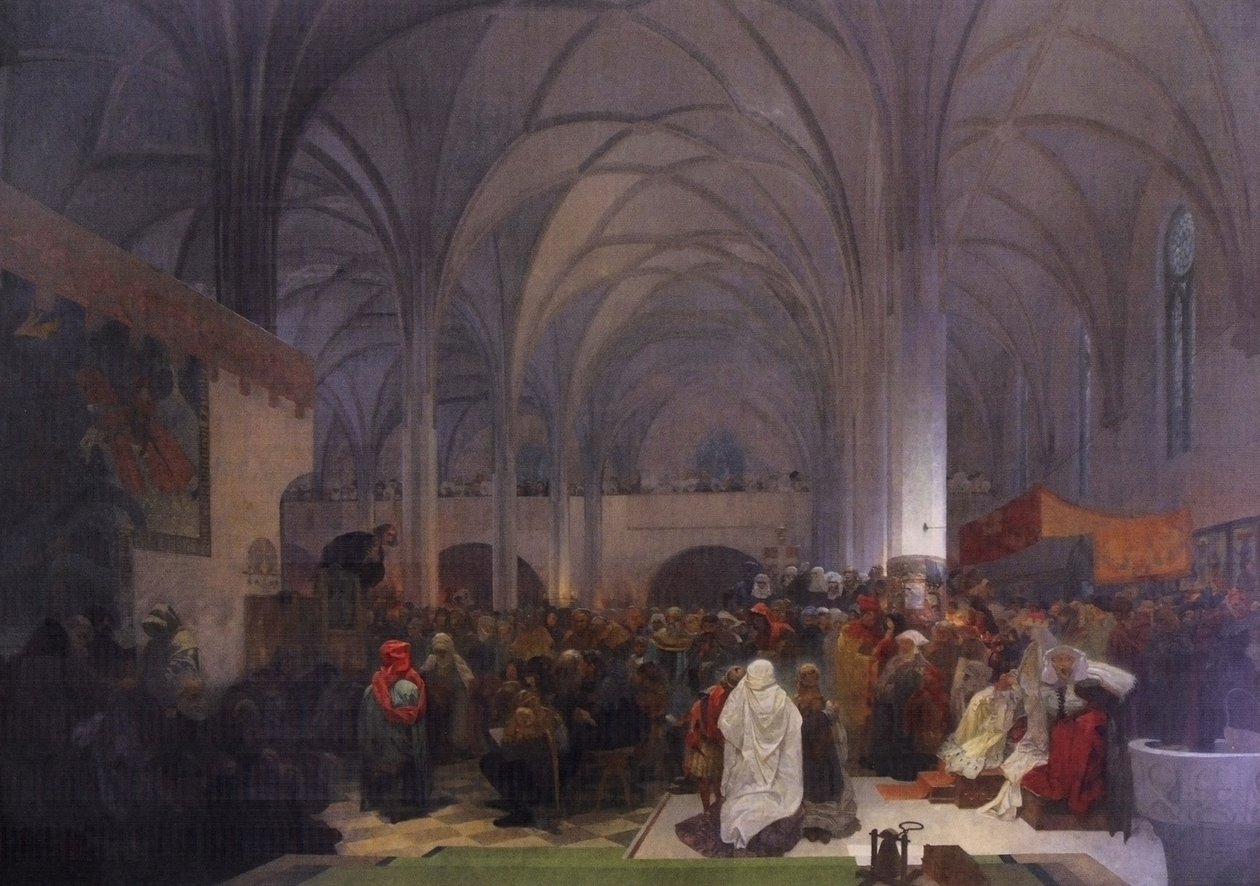 Kazani Mistra Jana Husa v kapli Betlemske: Pravda vitezin Englanti: Mestari Jan Hus Saarnaa Betlehemin kappelissa: Truth Prevailsn tekijältä Alphonse Mucha