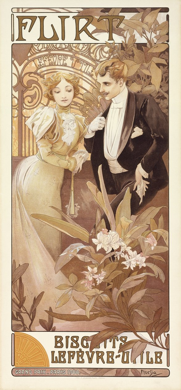 Flirtti, n. 1895-1900 (väri litho) tekijältä Alphonse Mucha