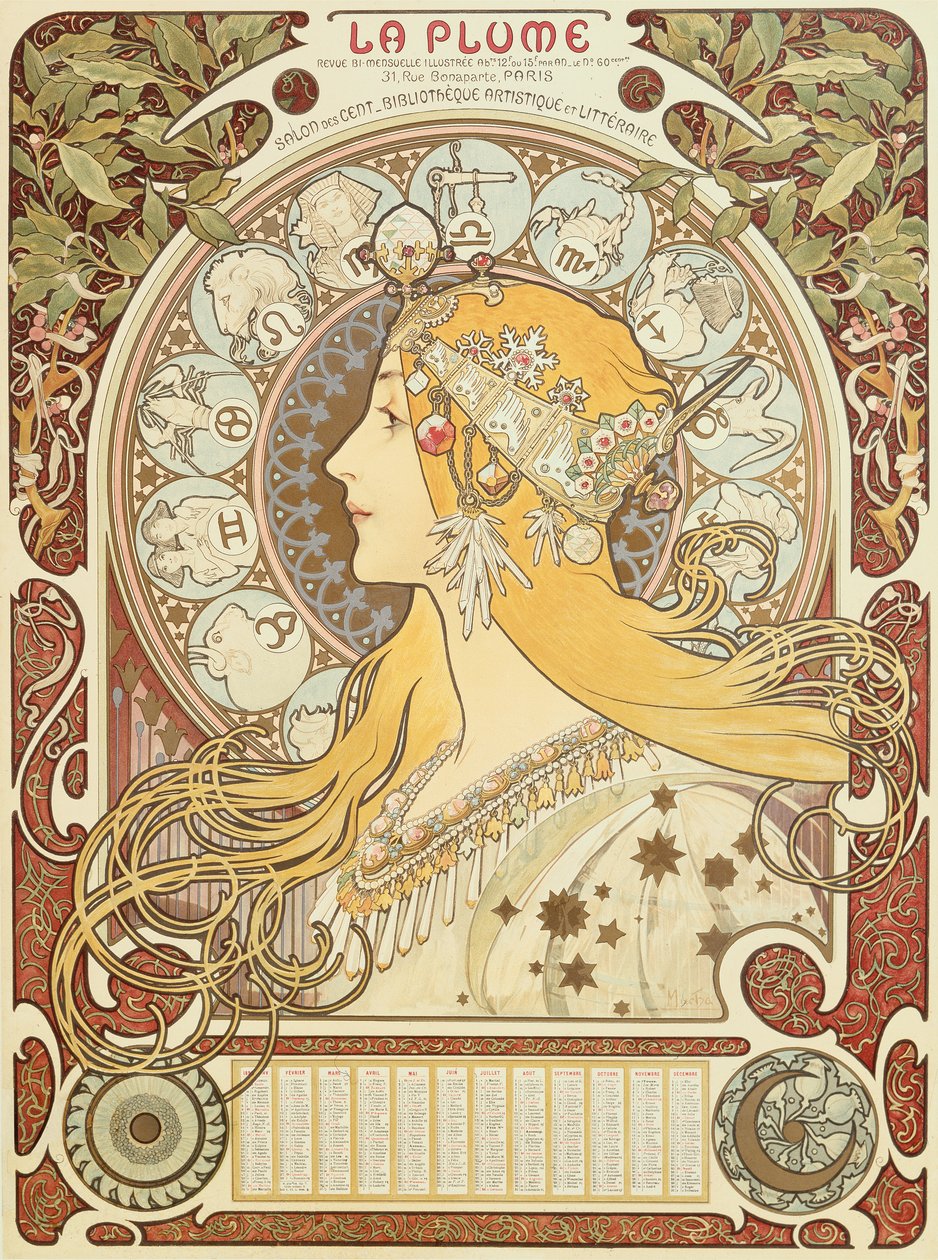 Horoskooppikalenteri "La Plume" tekijältä Alphonse Marie Mucha