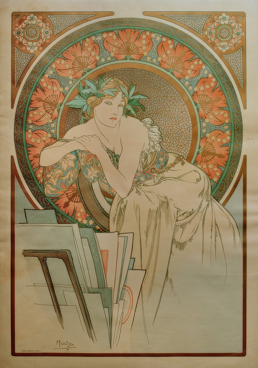 Nainen unikot ja graafinen portfolio tekijältä Alphonse Mucha