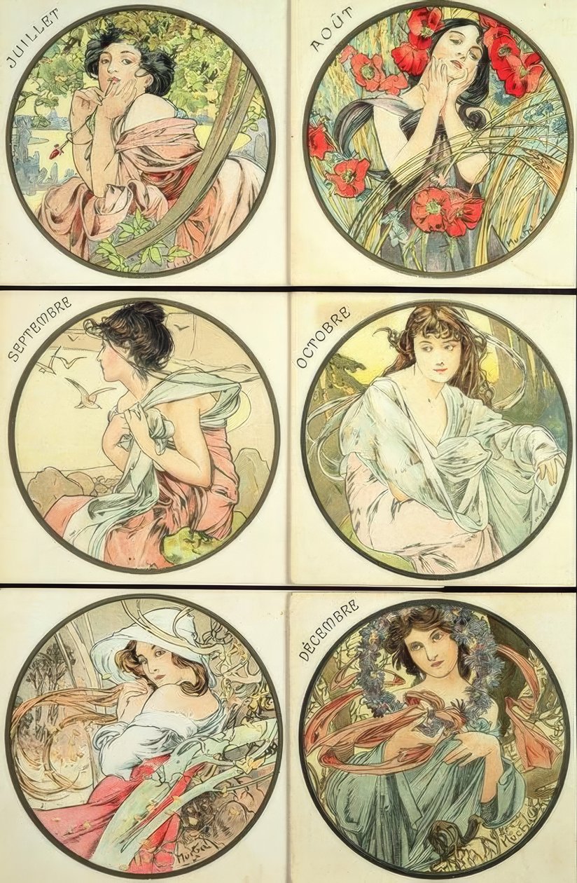 Heinä / elokuu / syyskuu / lokakuu / marraskuu / joulukuu tekijältä Alphonse Mucha