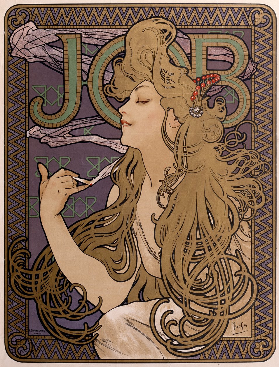 Juliste Job-pehmopaperille, 1897 tekijältä Alphonse Mucha