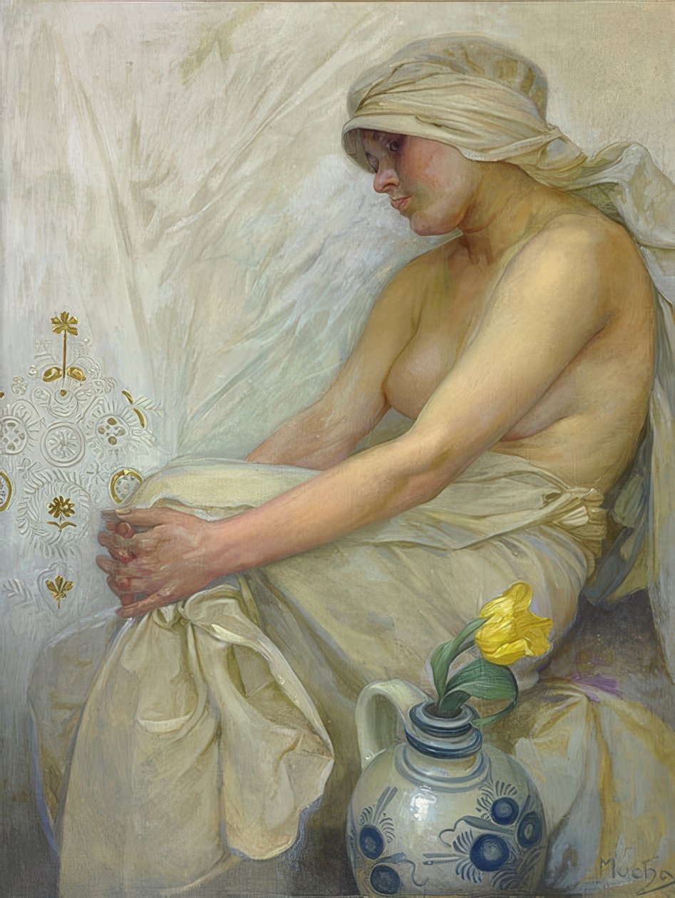 Istuva tyttö. Noin 1914 tekijältä Alphonse Mucha