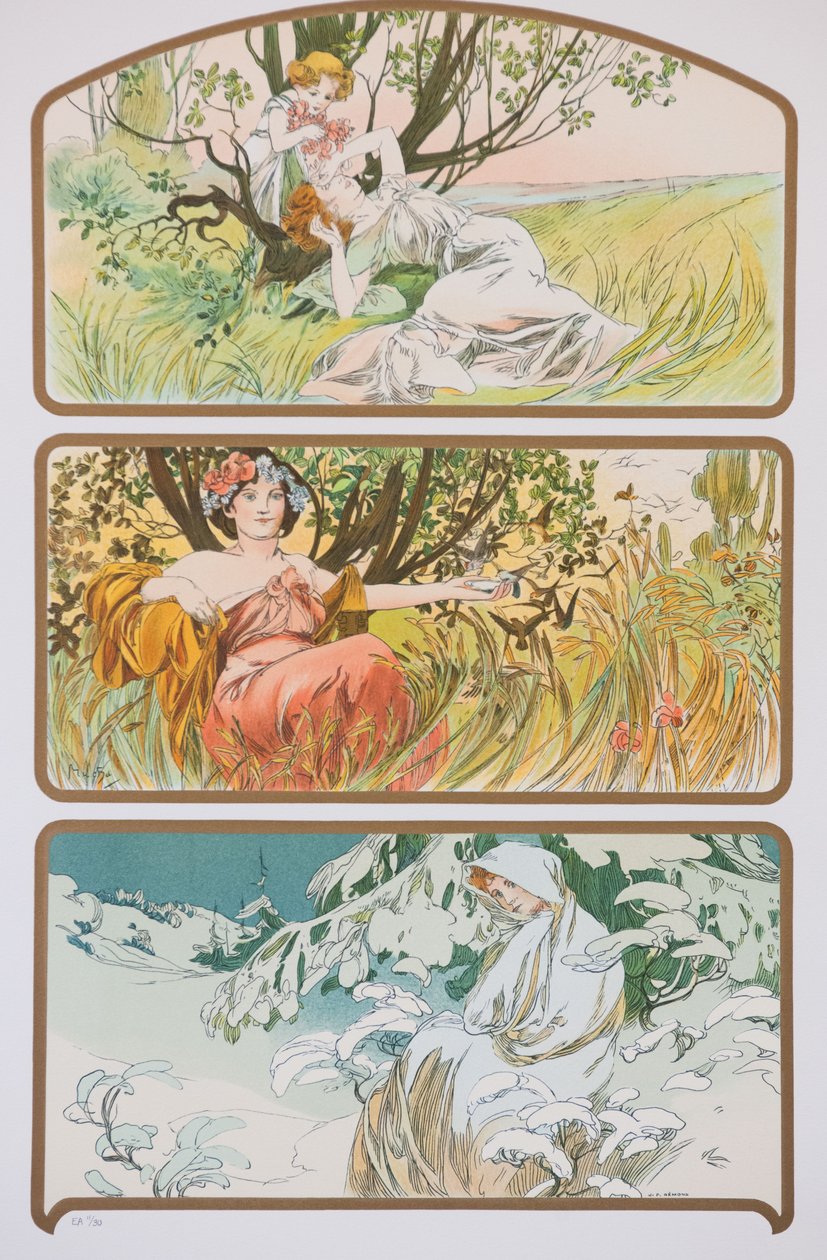 Kolme vuodenaikaa, n. 1898. tekijältä Alphonse Mucha