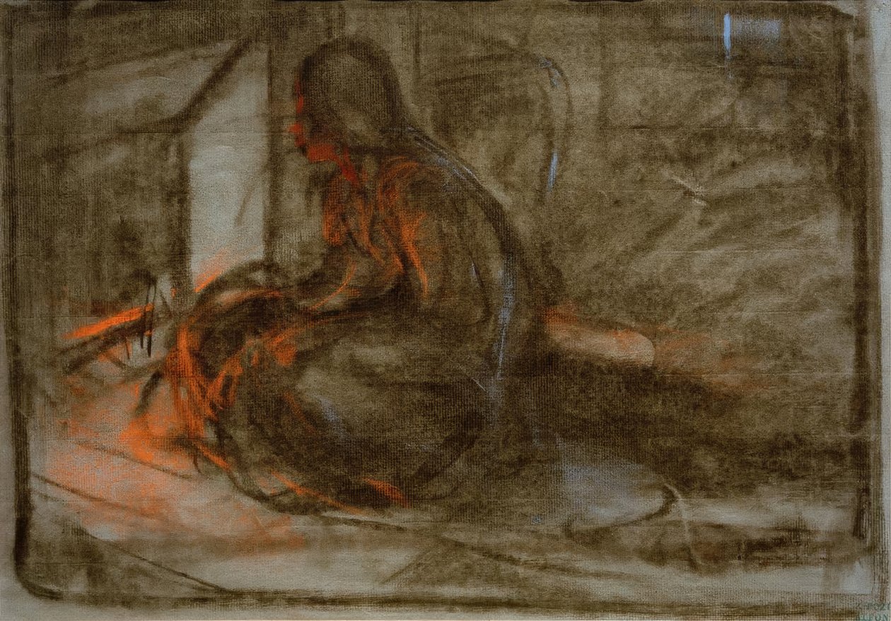 Nainen istuu tulen edessä tekijältä Alphonse Mucha
