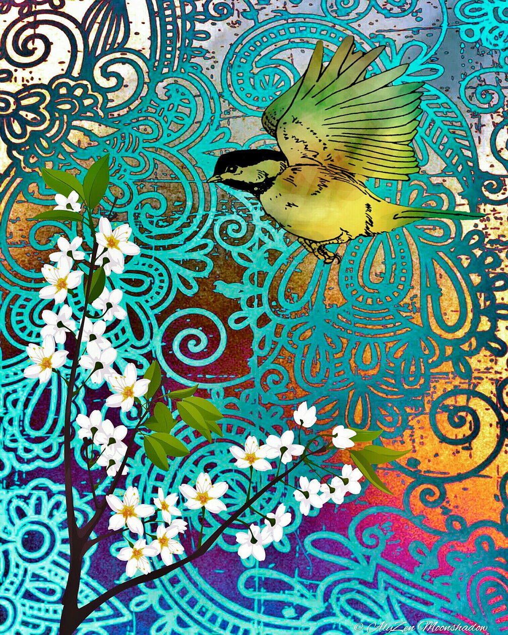 Bird with Cherry Blossoms, 2014, (digitaalinen sekamediafonografia) tekijältä AlyZen Moonshadow