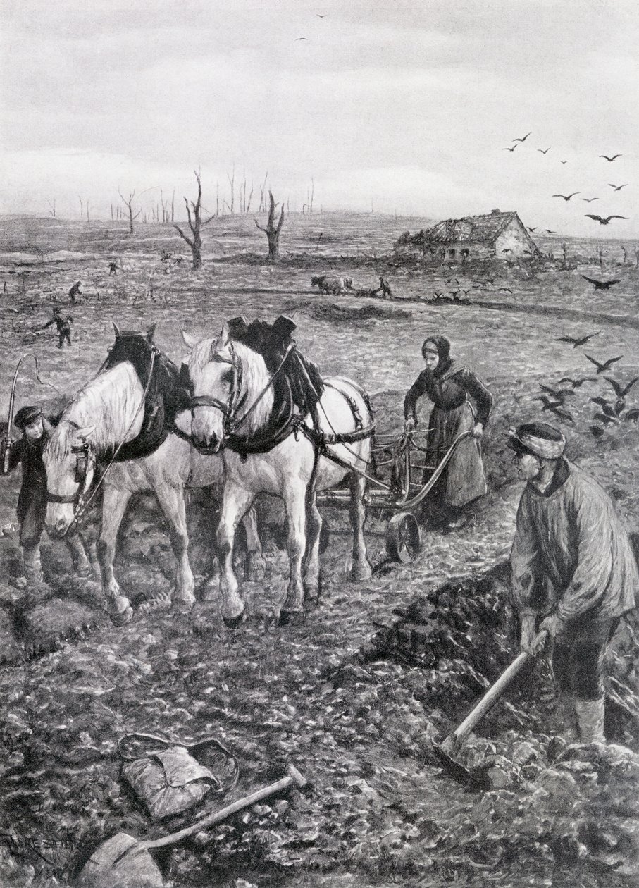 Viljelijät työskentelevät Ruined Fieldsillä, 1918 (puolisävyinen sanomalehtipaperi) tekijältä Amedee Forestier