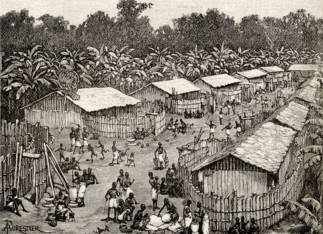 Näkymä Utirin kylään, Tansania, 1890 (puukaiverrus) tekijältä Amedee Forestier