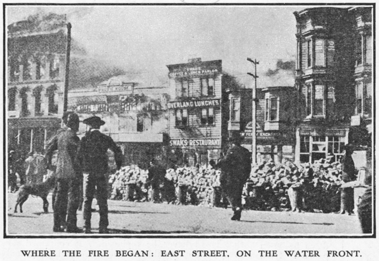 East Street, San Francisco, jossa palo sai alkunsa vuoden 1906 maanjäristyksen aikana, 1906 (katso myös 223357) tekijältä American Photographer