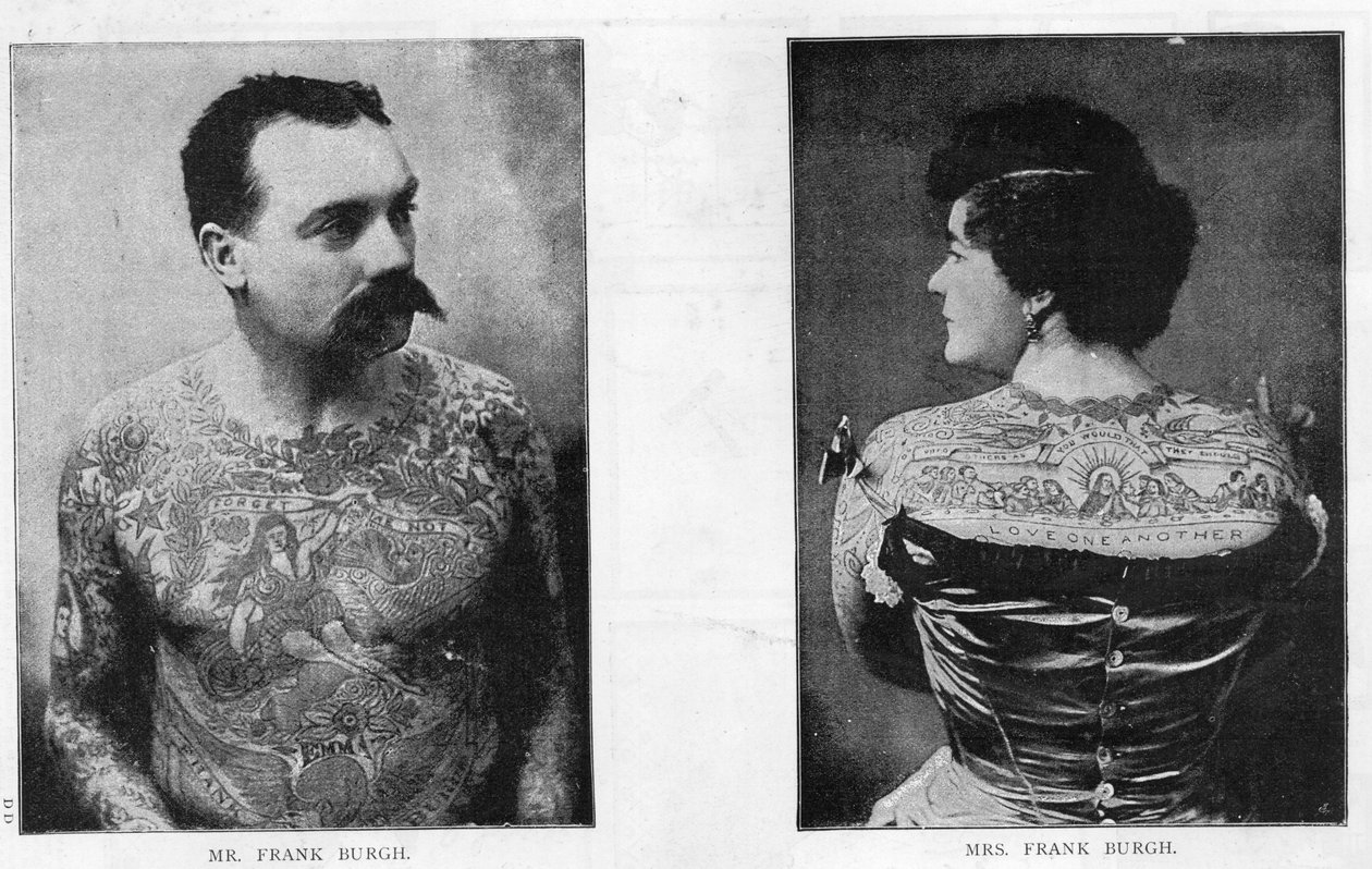 Frank Burgh ja Frank Burgh esittelevät tatuointitaitoa Yhdysvalloissa vuonna 1893. tekijältä American Photographer