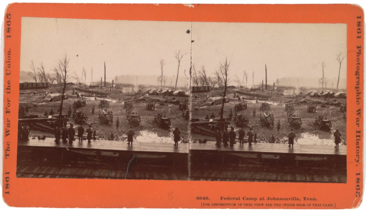 Stereokorttikuva Johnsonvillestä, TN:stä ennen evakuointia Forrestin uhatessa, joulukuu 1864, julkaisija Taylor und Huntington, Hatford, Conn, n. 1880 (seepiakuva) tekijältä American Photographer