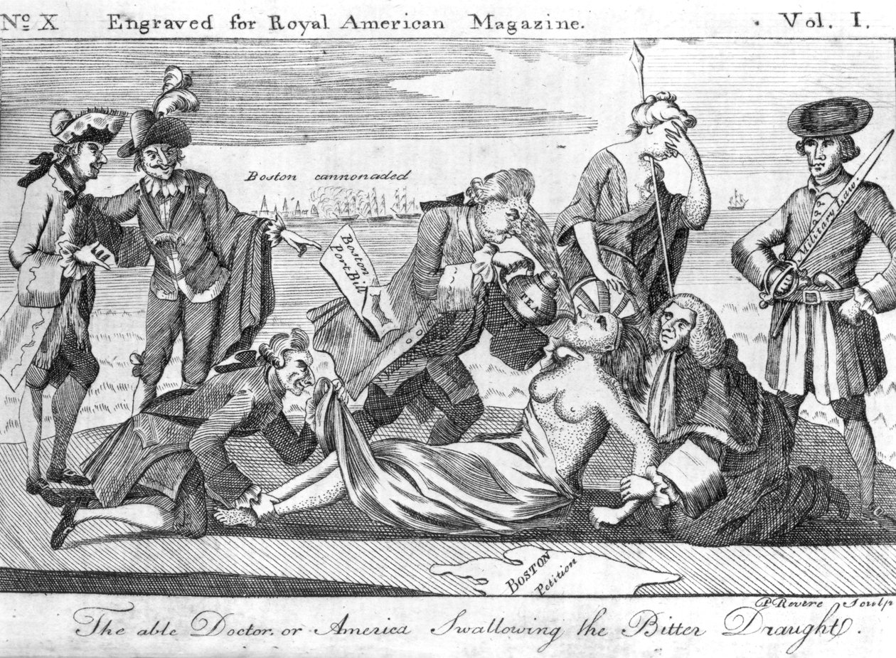 The Able Doctor, eli America Swallowing the Bitter Draht, kaiverrus Paul Revere (1735-1818) Royal American Magazine -lehteä varten, kesäkuu 1774 tekijältä American School