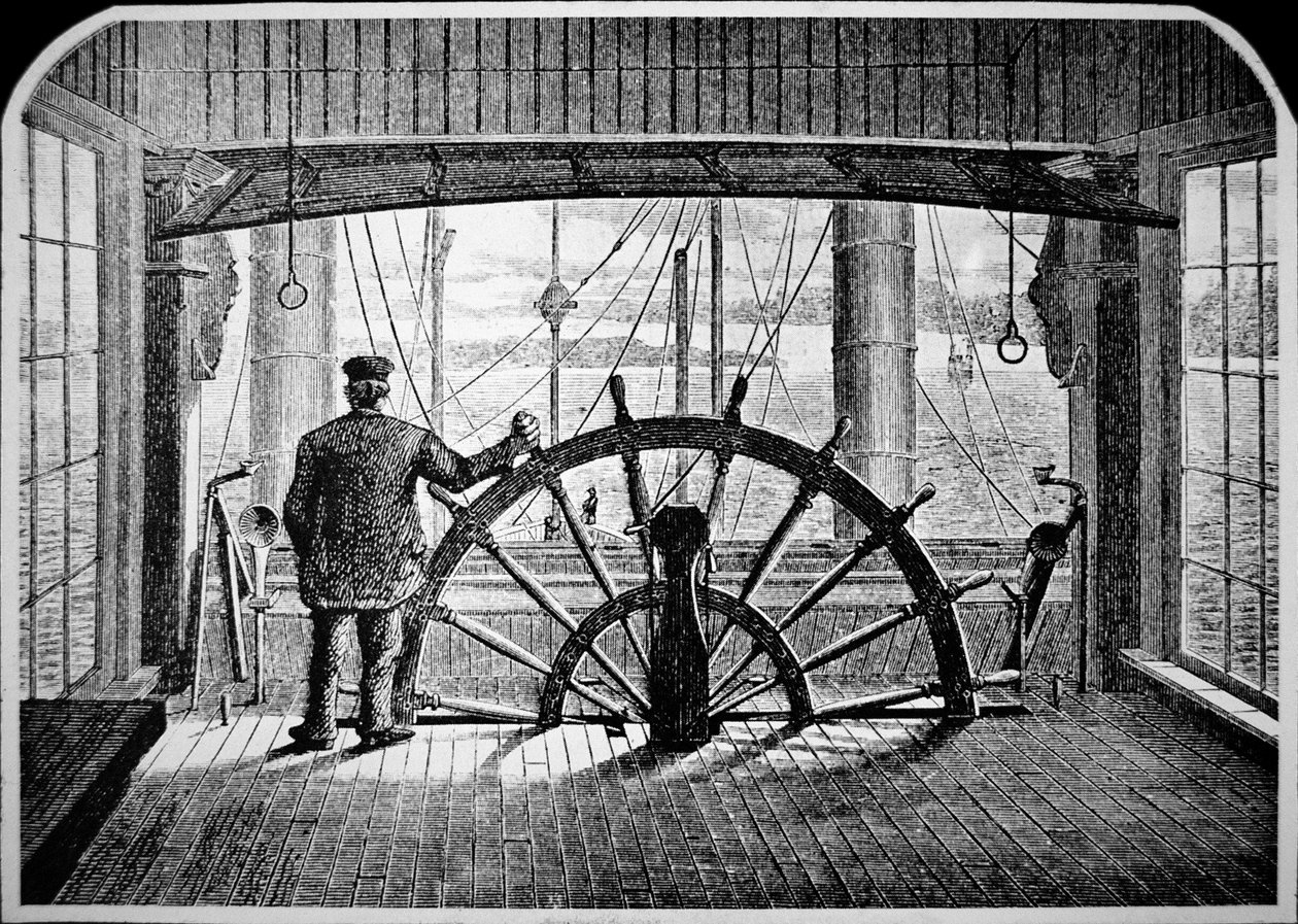 Höyrylaivan lentäjä ohjaushytissä, n.1870 (kaiverrus) tekijältä American School