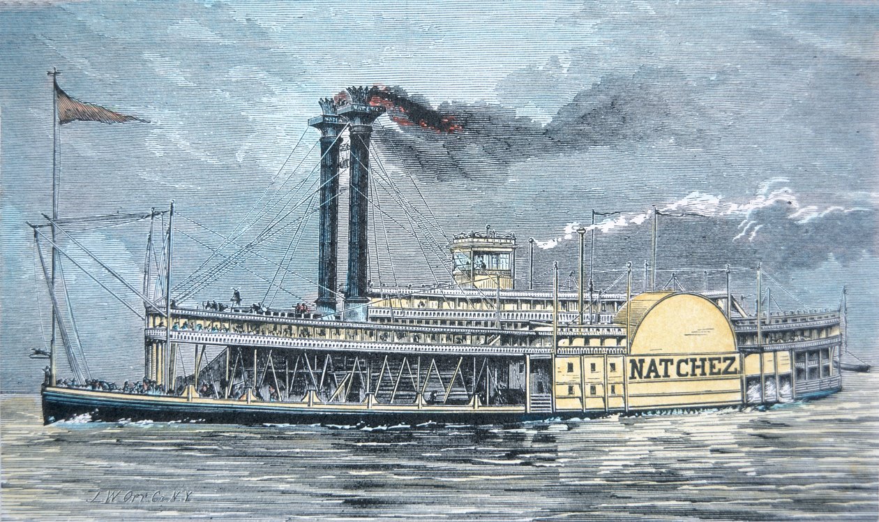 Mississippin sivupyöräilijä "Natchez", noin 1870 (värillinen kaiverrus). tekijältä American School