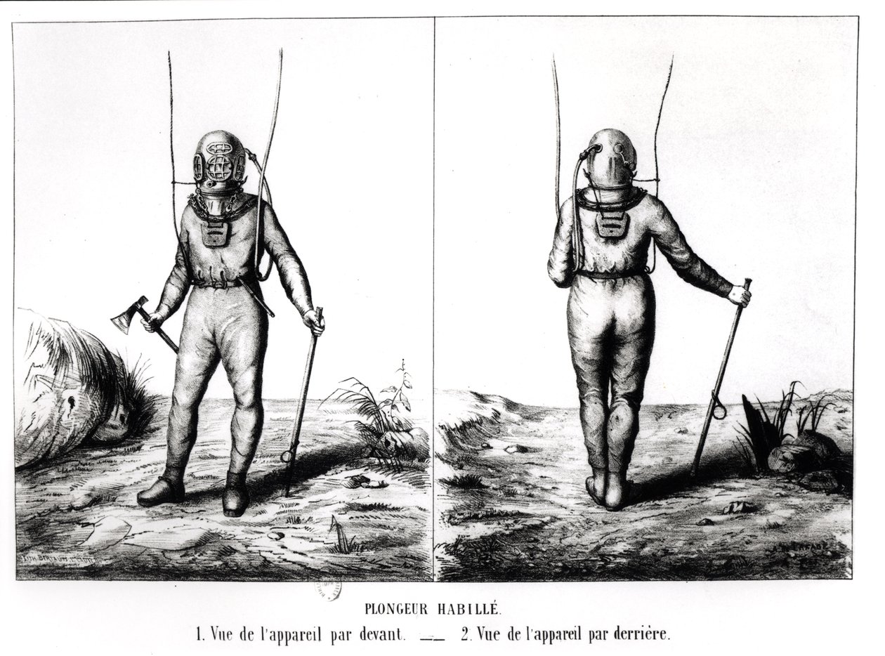 Deep Sea Diver, kuvitus Scaphandresta, Apparatus de Plongeur Cabirol, Joseph-Martin Cabirol, julkaistu Pariisi 1855 (bw kuva) tekijältä Amicar de Lafage