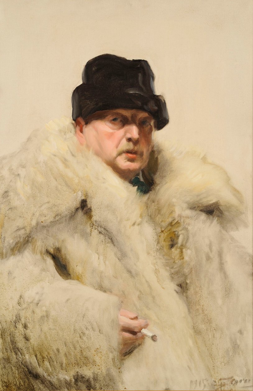 Självporträtt ja vargskinnspäls tekijältä Anders Leonard Zorn