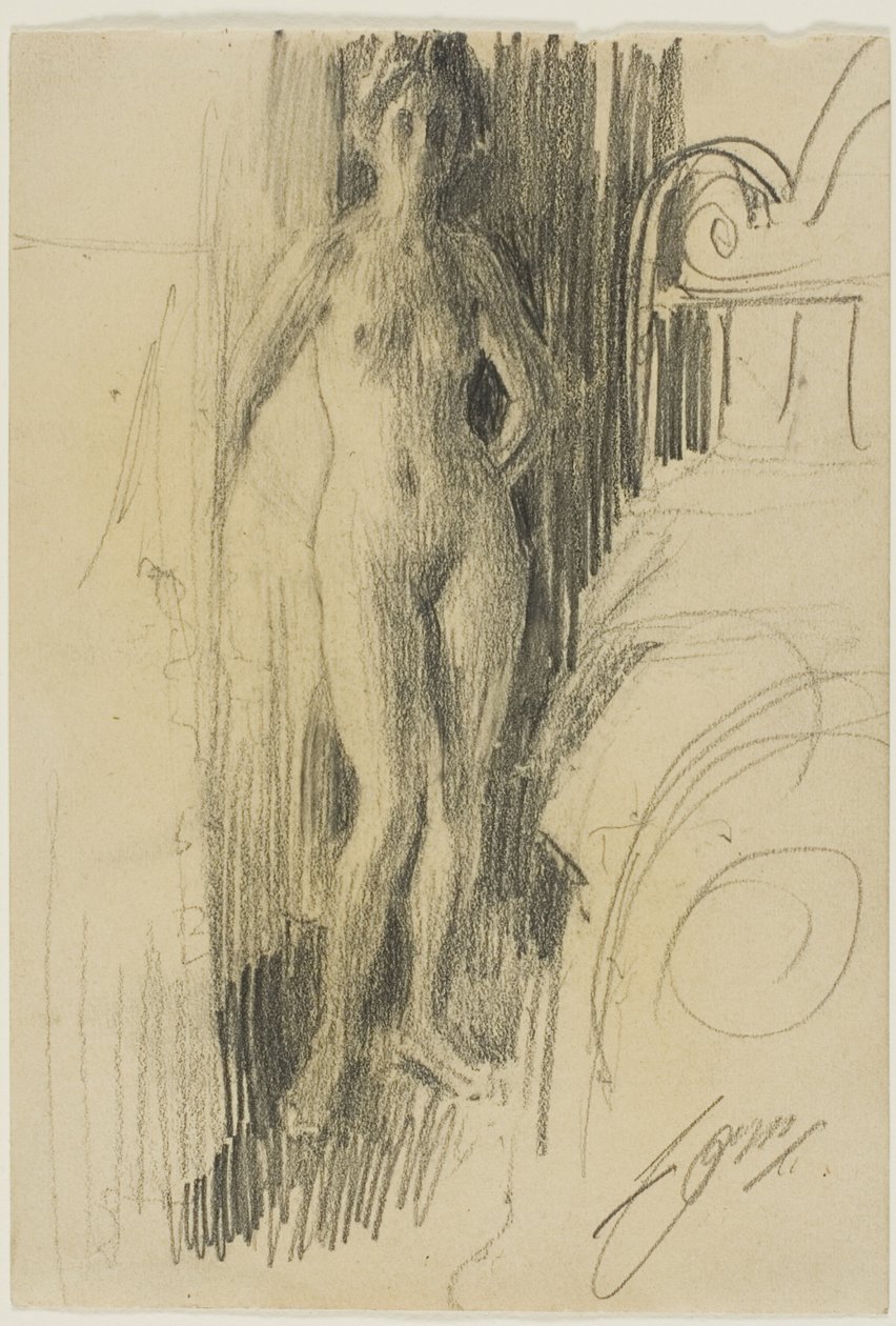 Alastonhahmo seisoo lähellä sänkyä tekijältä Anders Leonard Zorn