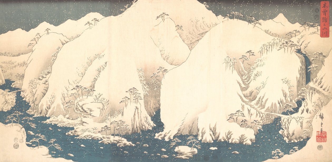 Kisovuoret lumessa, 1857, 1857. tekijältä Ando Hiroshige