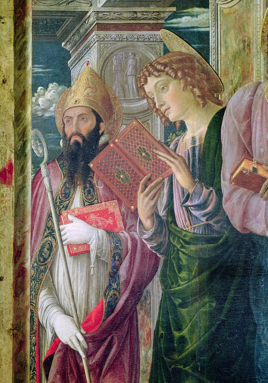 Pyhän Zenon Veronan alttaritaulu, yksityiskohta vasemmasta paneelista, joka kuvaa Pyhää Johannes Kastajaa ja Pyhää Augustinusta, 1456-60 tekijältä Andrea Mantegna