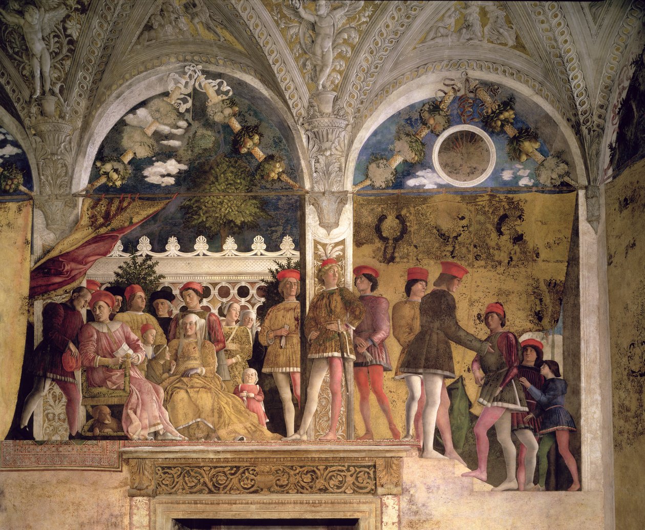 Marchese Ludovico Gonzaga III Mantovasta (vk. 1444-78), hänen vaimonsa Barbara Brandenburgilainen, lapset, hoviherrat ja heidän koiransa Rubino, Camera degli Sposista tai Camera Pictasta, 1465-74 (yksityiskohta) tekijältä Andrea Mantegna