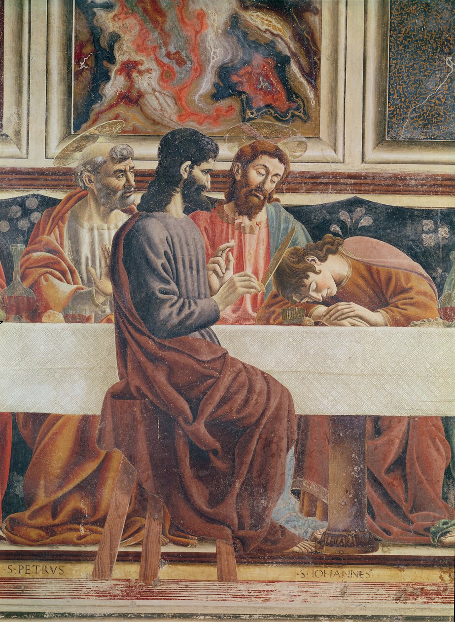 Viimeinen ehtoollinen, Johanneksen, Pietarin, Jeesuksen ja Juudaksen kuva, 1477 (kuva 85172). tekijältä Andrea del Castagno