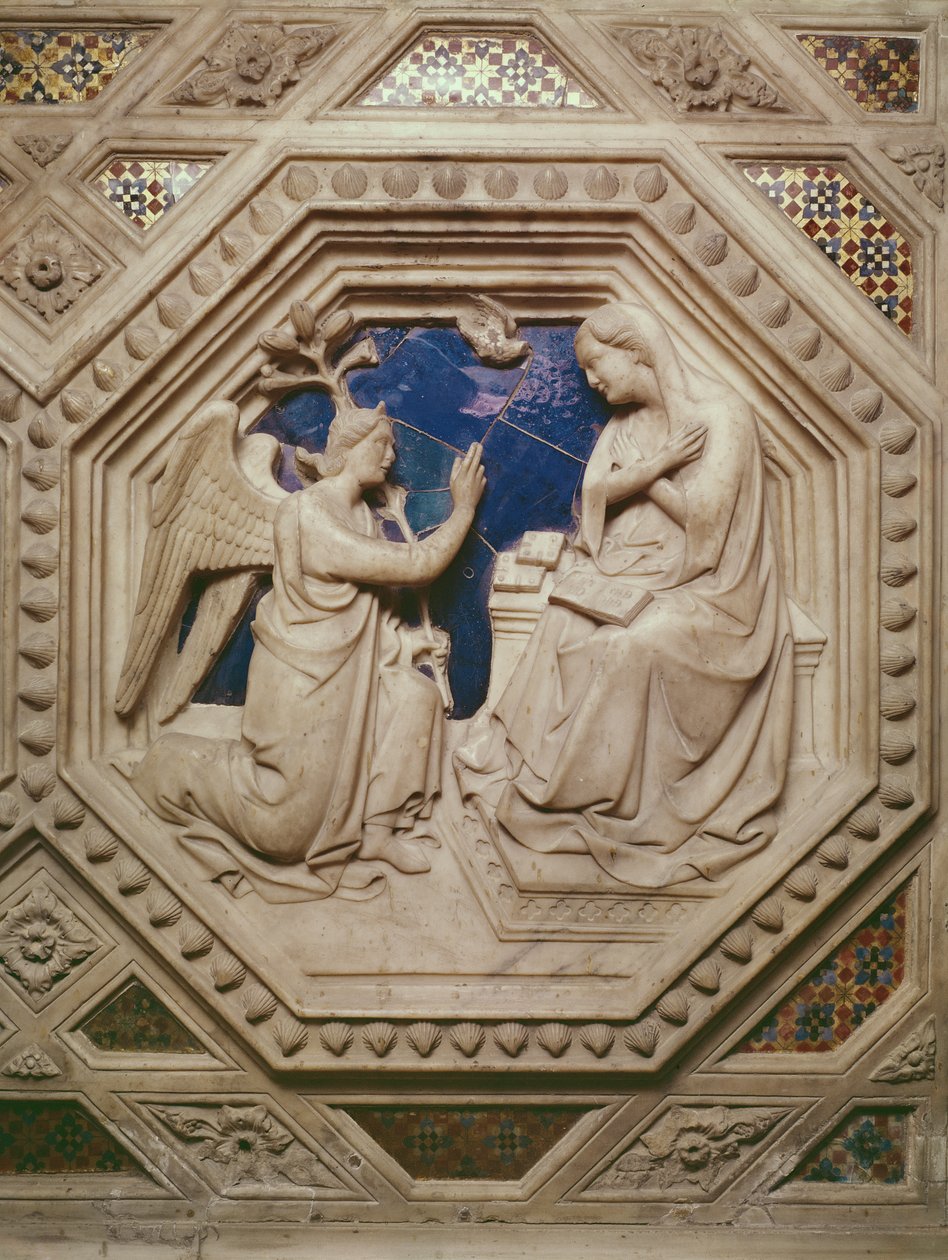 Marian ilmestys, yksityiskohta tabernaakkelin pohjasta, 1349-59 (marmori) tekijältä Andrea di Cione Orcagna