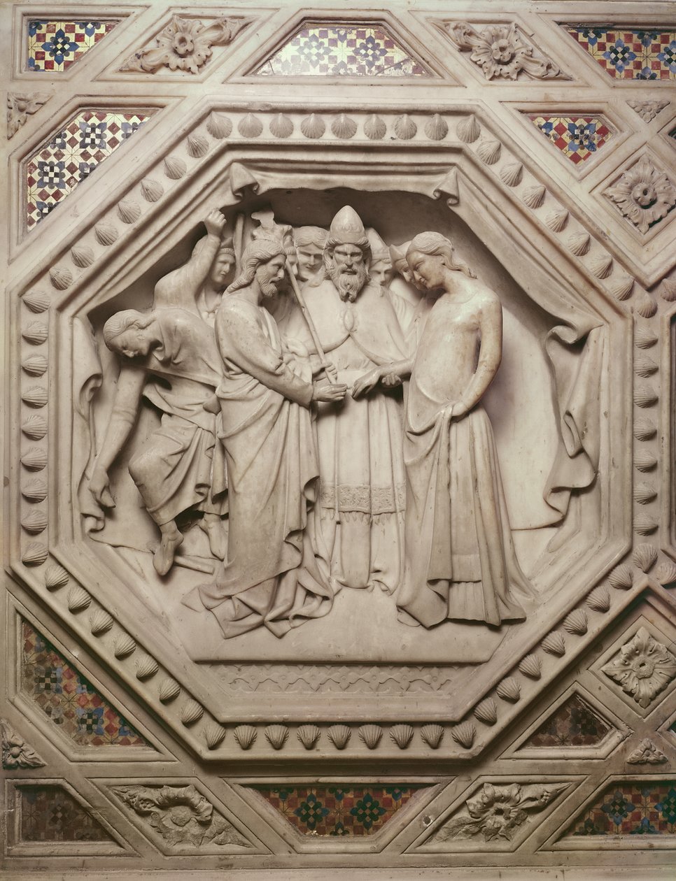Neitsyen häät, yksityiskohta tabernaakkelin pohjasta, 1349-59 (marmori) tekijältä Andrea di Cione Orcagna