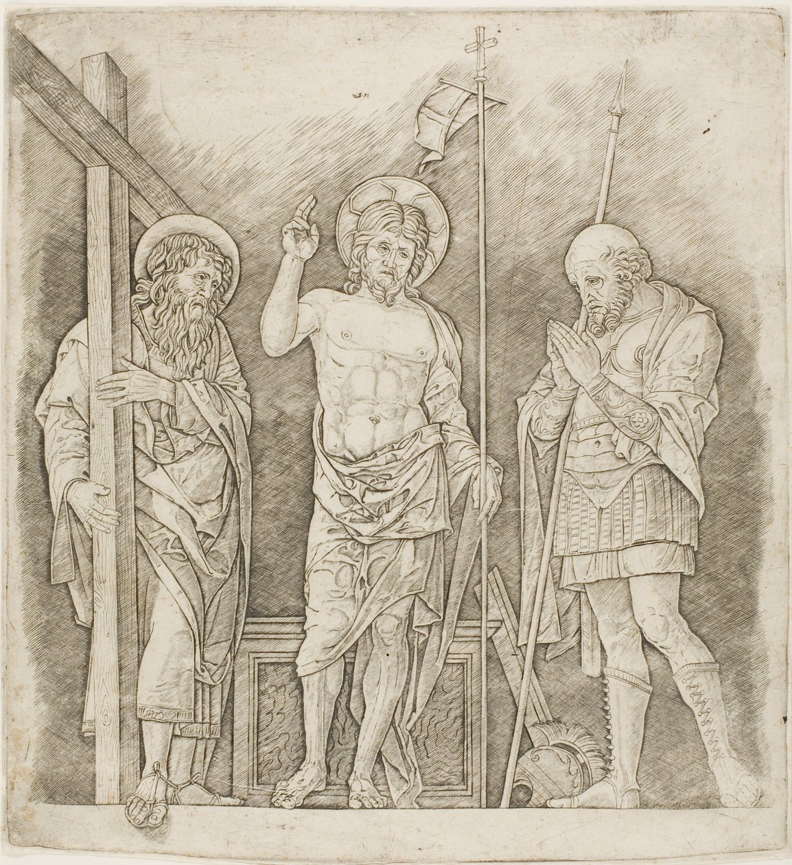 Ylösnoussut Kristus pyhien Andreaksen ja Longinuksen välillä tekijältä Andrea Mantegna