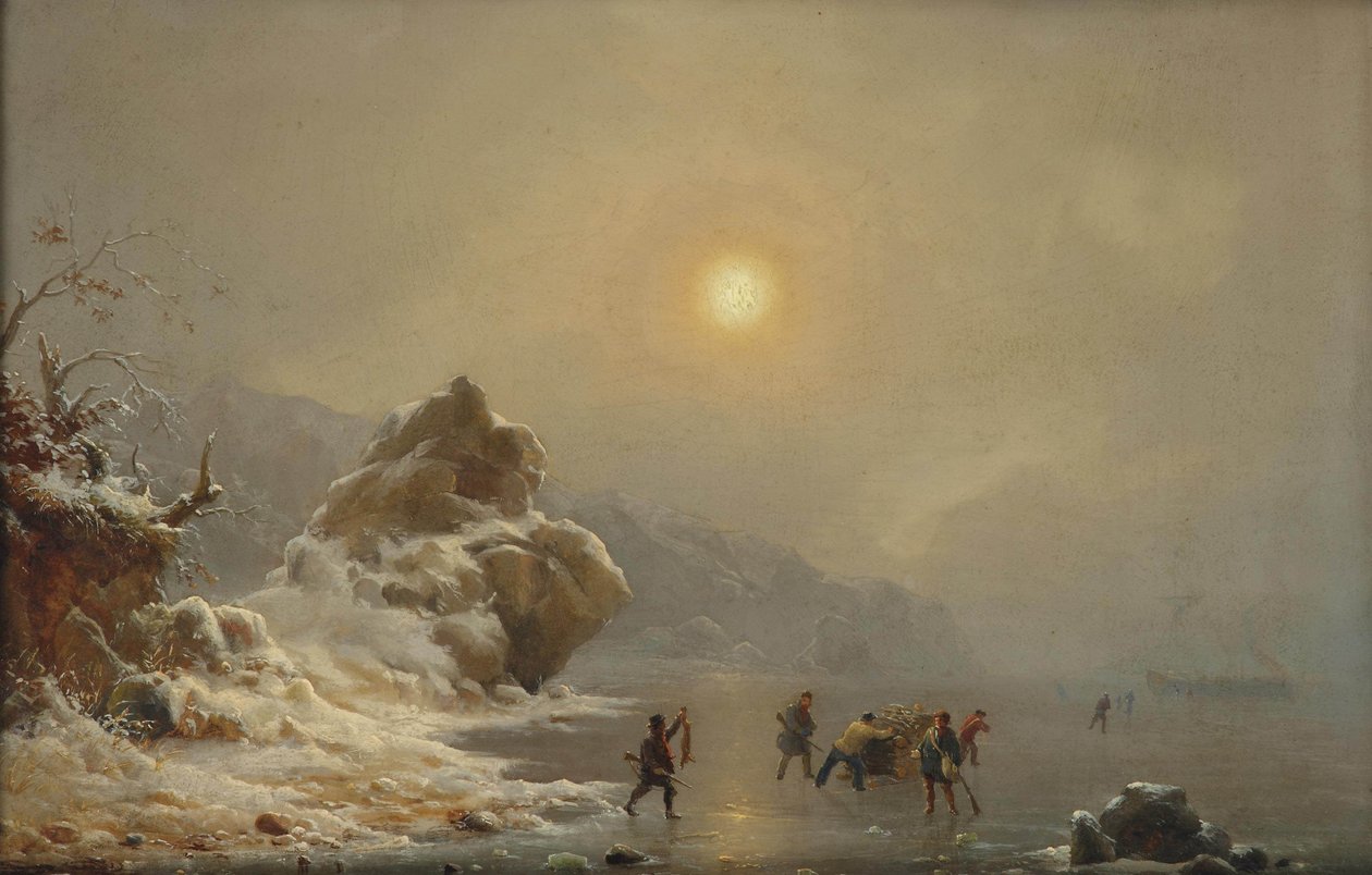 Talvimaisema ja metsästäjät jäällä tekijältä Andreas Achenbach