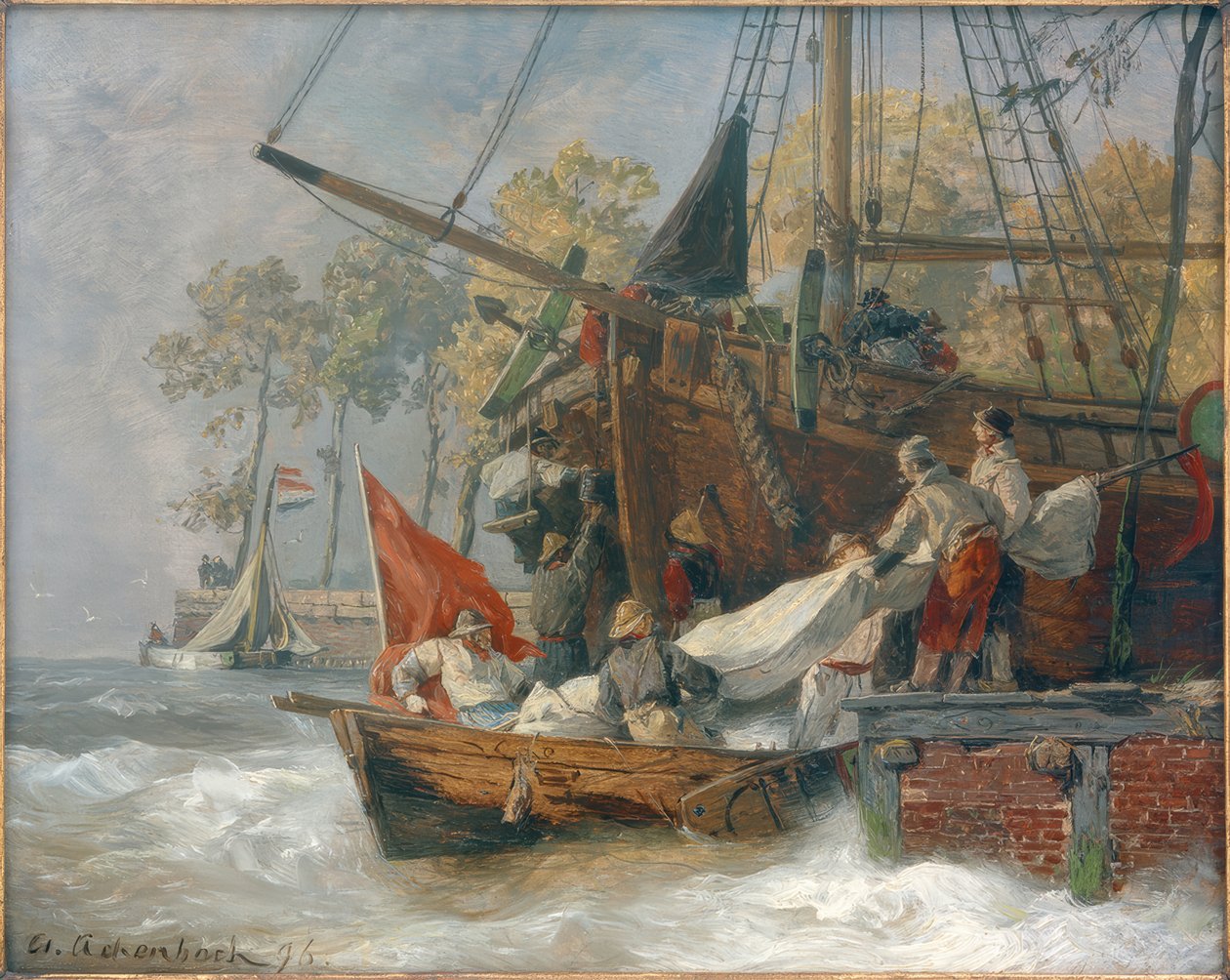 Sataman sisäänkäynti, kun meri on myrskyinen tekijältä Andreas Achenbach