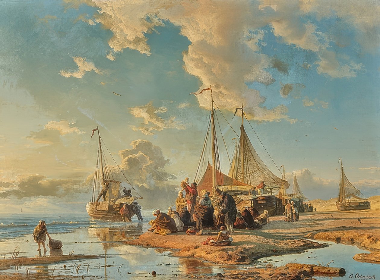 Hollantilaiset kalastajat saaliin jälkeen. 1853 tekijältä Andreas Achenbach