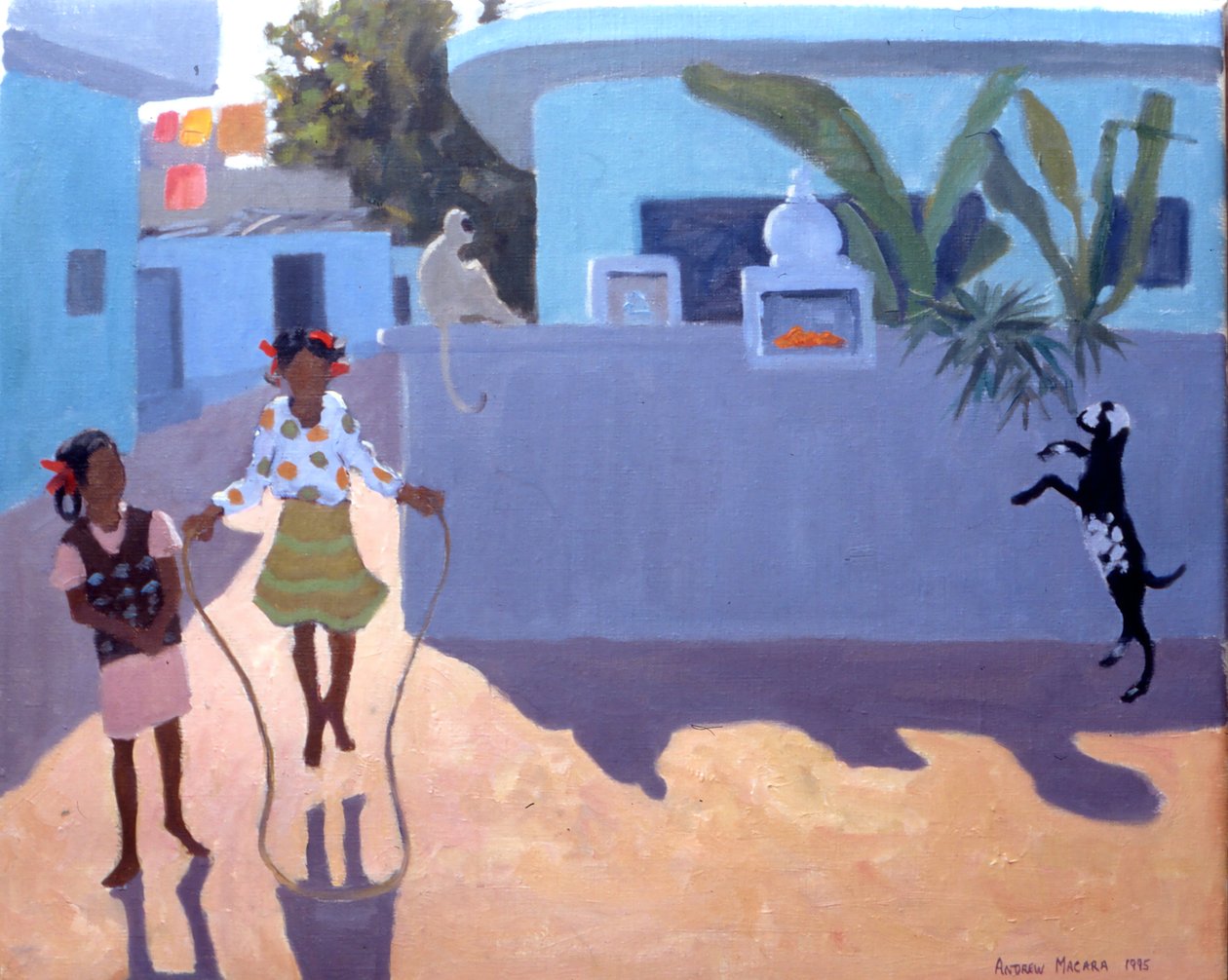 Tyttö hyppäämässä, apina ja vuohi, Intia tekijältä Andrew Macara
