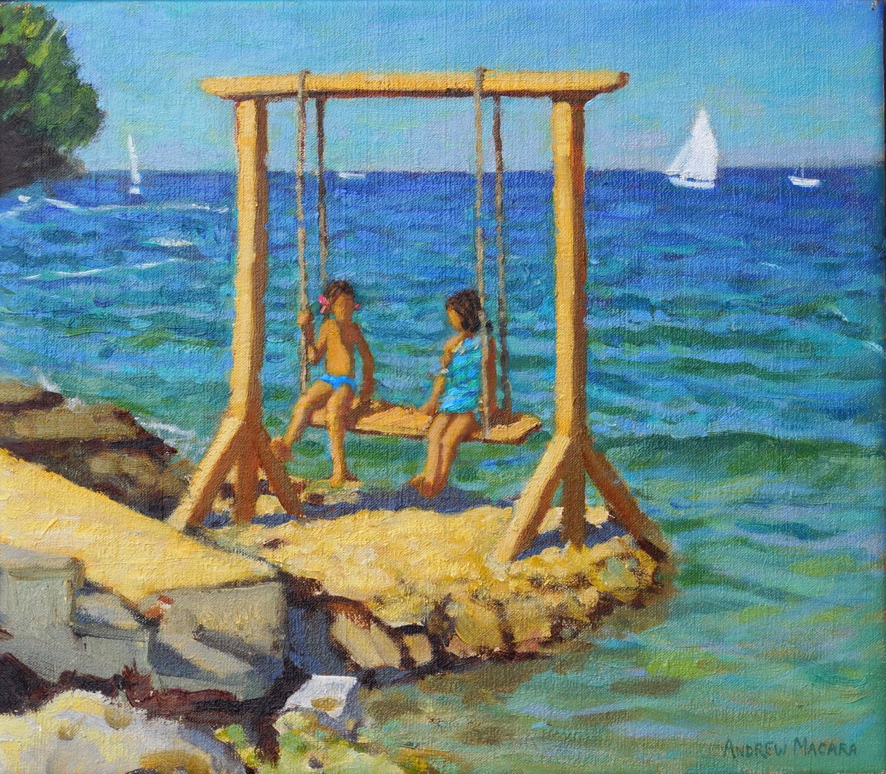 Swing, Funtana, Vrsar, Kroatia. 14x16" 2019 (öljy kankaalle) tekijältä Andrew Macara