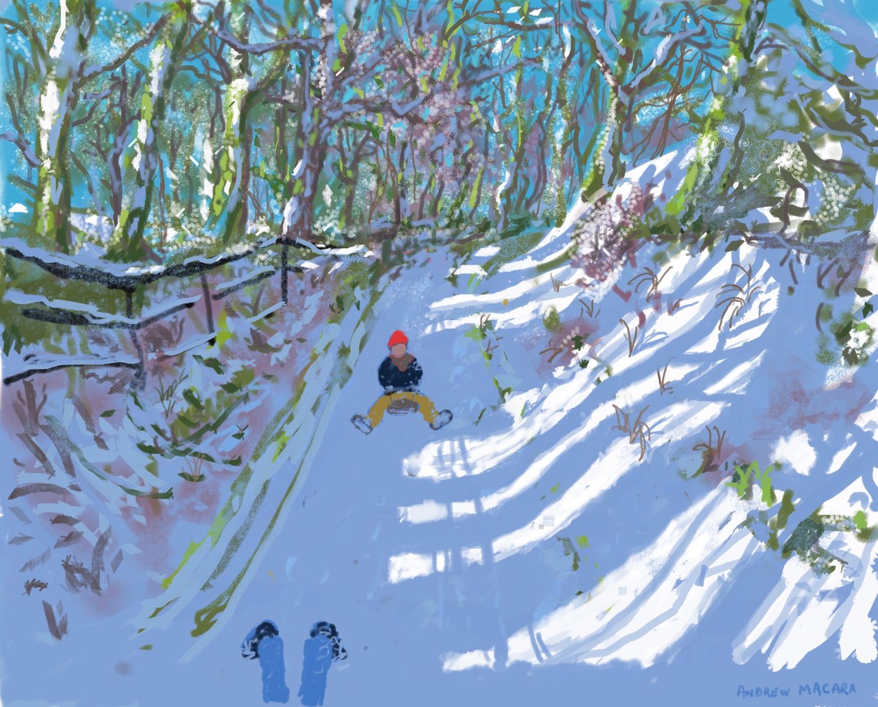iPad maalaus,kelkkailu,Windley Lane,Idridgehay,Belper,2021,tulosteita saatavilla. tekijältä Andrew Macara