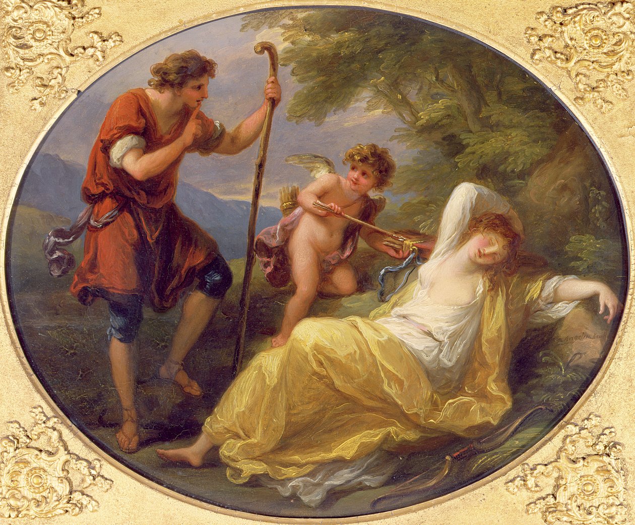 Nukkuva nymfi, jota paimen katselee, 1780 (öljy kuparille) tekijältä Angelica Kauffmann
