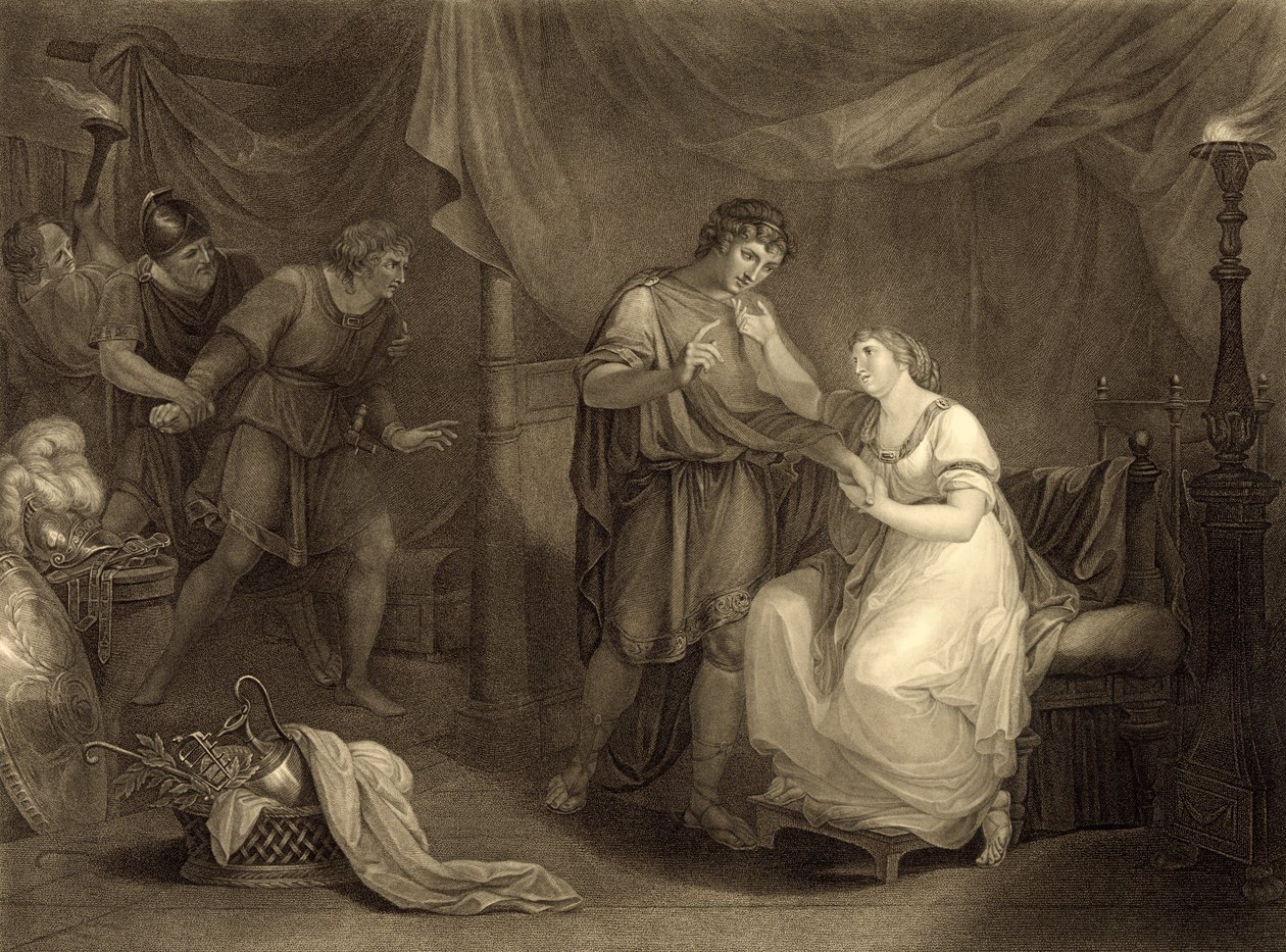 Calchasin teltassa, V näytöksen II kohtaus, William Shakespearen (1564-1616) teoksesta "Troilus ja Cressida", kaiverrettu Luigi Schiavonettin (1765-1810) toimesta. tekijältä Angelica Kauffmann
