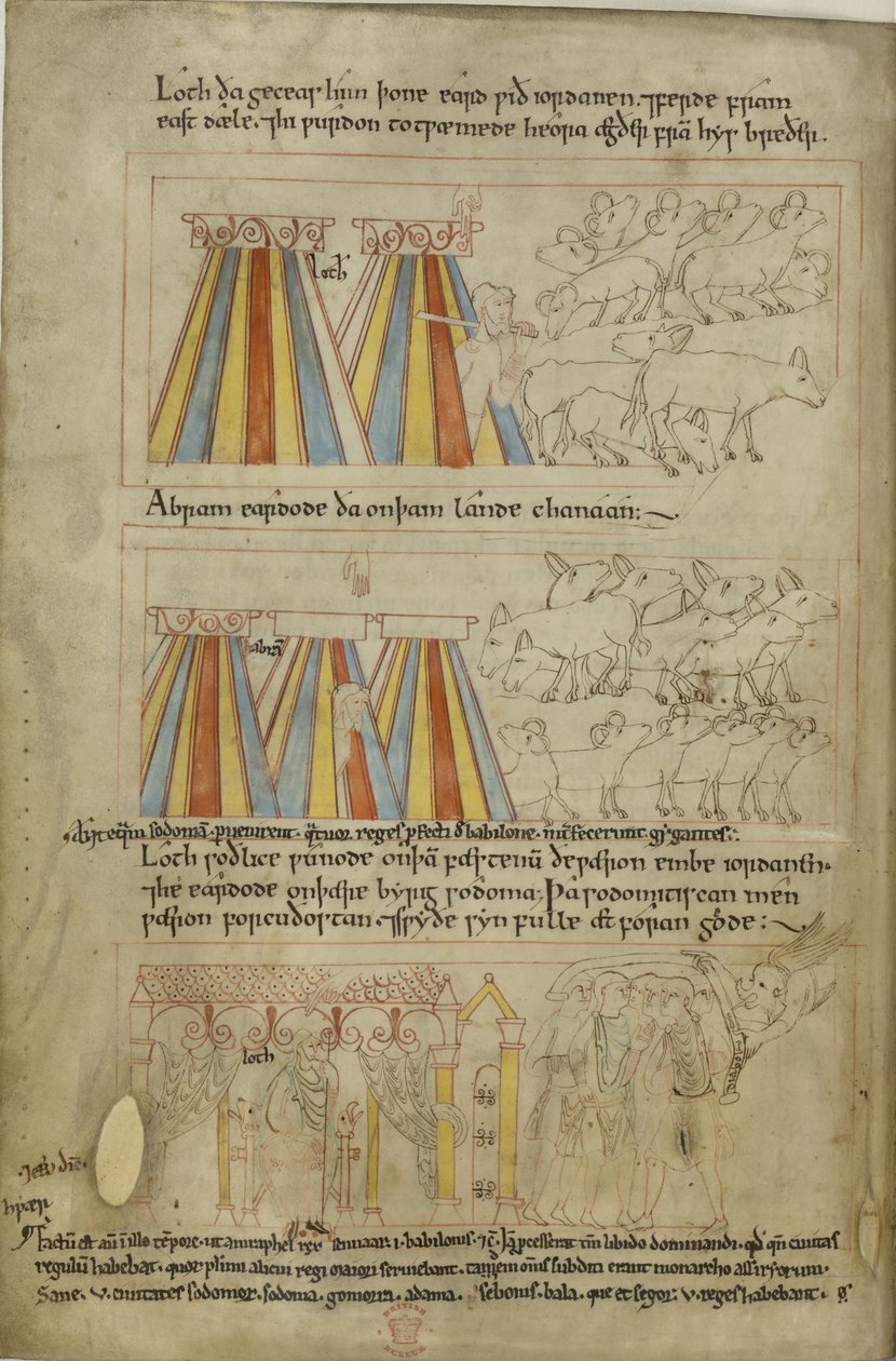 Puuvilla Claudius B. IV, f.23v Lot ja Abraham tekijältä Anglo Saxon