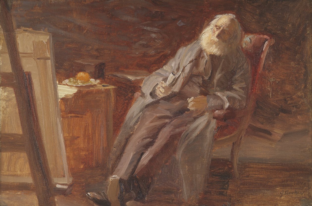 Taidemaalari Vilhelm Kyhn polttaa piippuaan tekijältä Anna Ancher