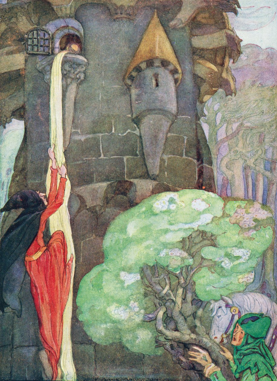 Kuvitus Grimmin veljesten kirjasta "Rapunzel". tekijältä Anne Anderson