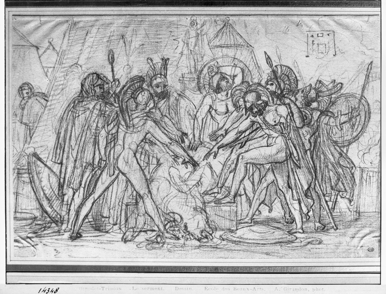 Seitsemän päällikköä vannomassa valan Theban edessä (grafiittikynä paperilla) tekijältä Anne Louis Girodet de Roucy Trioson