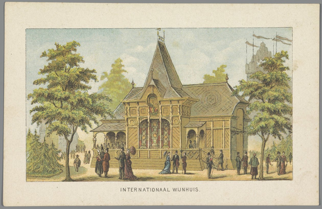 Kansainvälinen viinitila maailmannäyttelyssä Amsterdamissa, 1883 Kansainvälinen viinitila (otsikko esineessä) Muisto Amsterdamista vuonna 1883 (sarjan nimi esineessä) tekijältä Anonymous