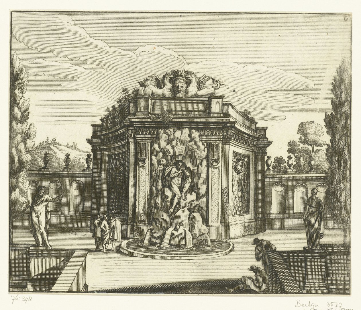 Seinäsuihkulähde puutarhapaviljongissa Architectura Curiosa Nova (sarjan nimi) tekijältä Anonymous