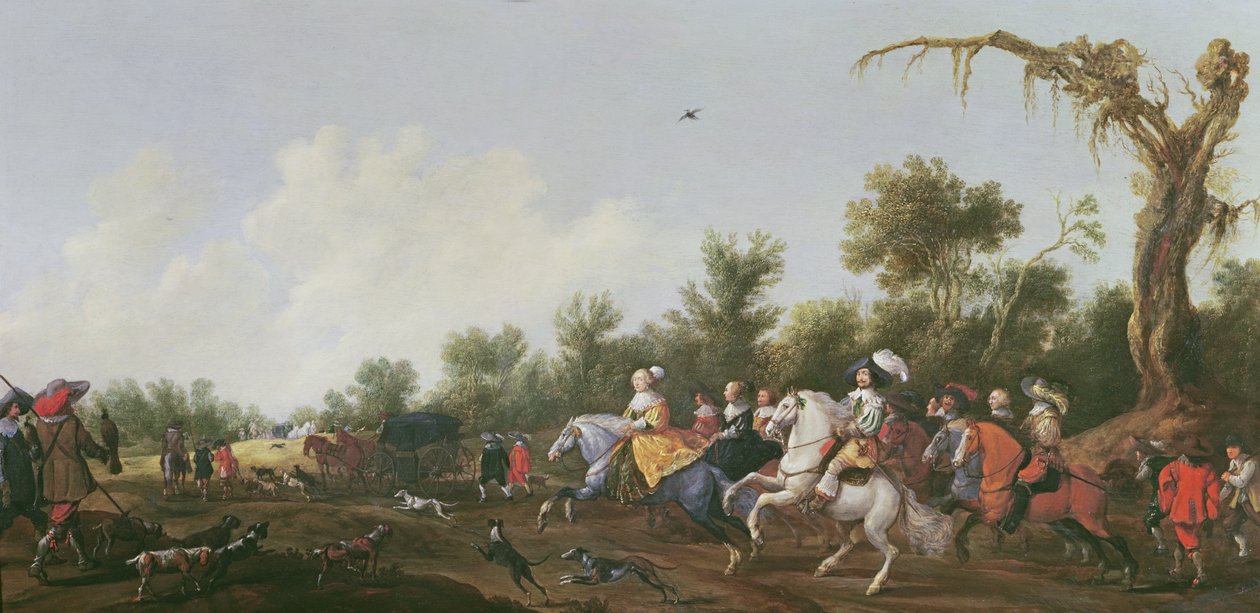 Frederick V, talvikuningas ja hänen vaimonsa Elizabeth Stuart lähtevät metsästämään hevosen selässä, 1631 tekijältä Anthonie Palamedesz