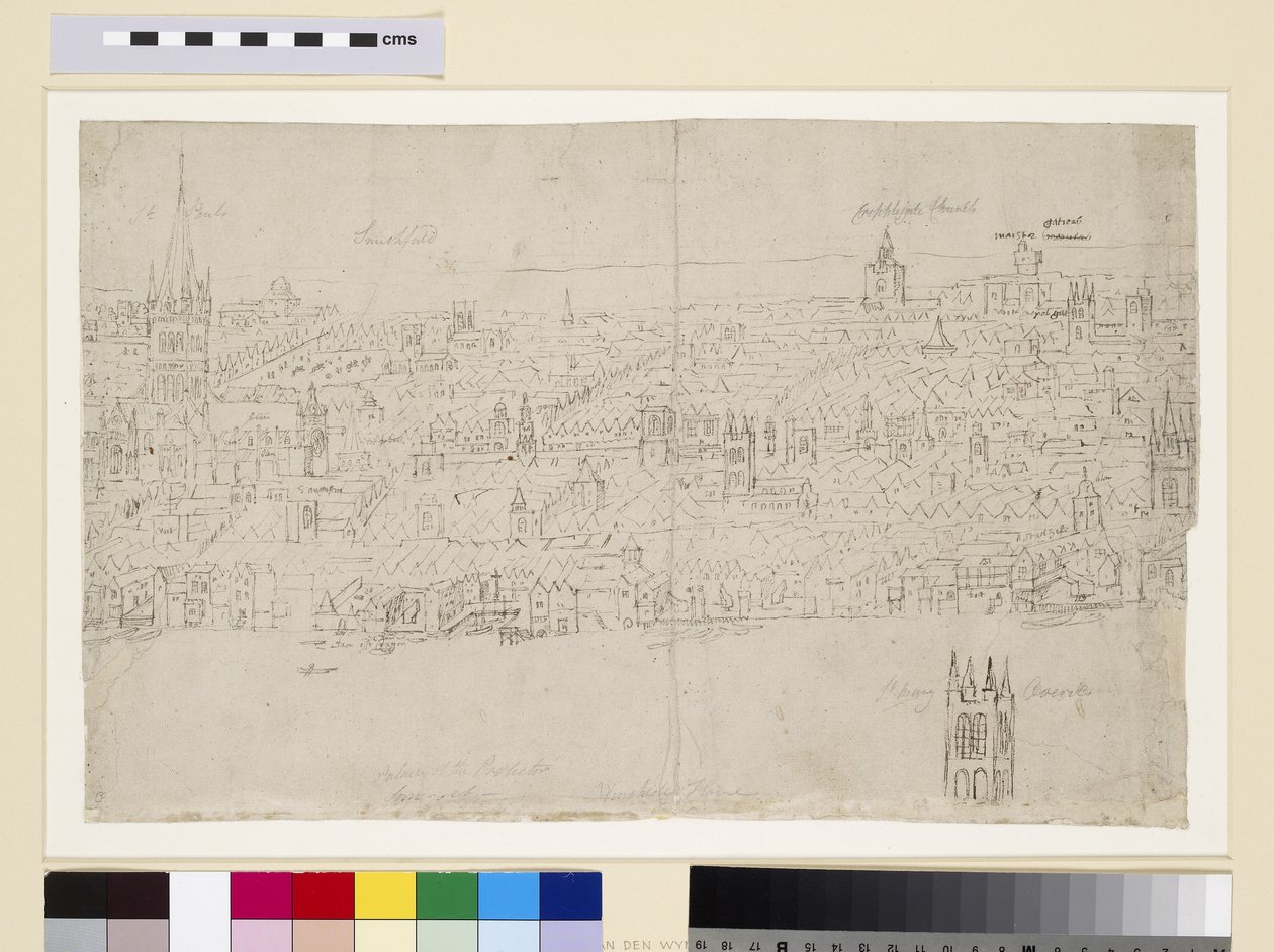 Pyhän Paavalin katedraali, "The Panorama of London", n. 1544 (kynä ja muste ja kynä paperille) tekijältä Anthonis van den Wyngaerde