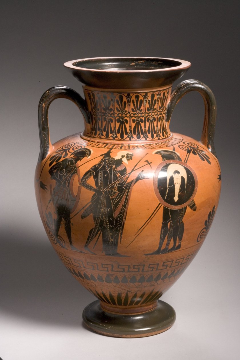 Attikalainen mustahahmoinen amfora, jossa on Troijan sodan kohtauksia (keramiikka) (ks. myös 249016-18 ja 249022). tekijältä Antimenes Painter