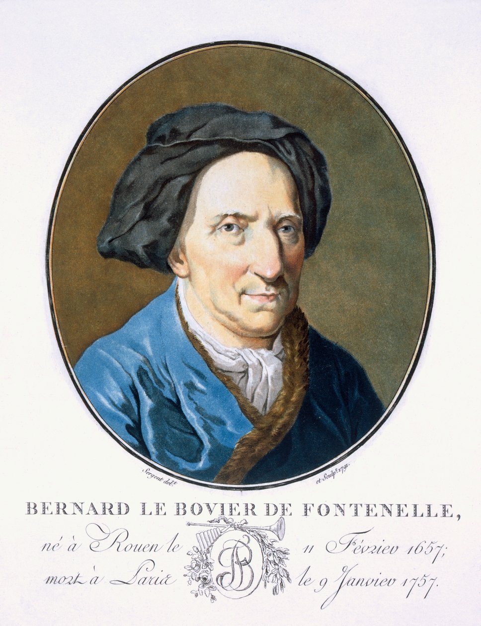 Bernard le Bovier de Fontenelle teoksesta "Muotokuvia suurista miehistä, maineikkaista naisista ja mieleenpainuvista Ranskan kohteista, kaiverrettu ja painettu väreillä", julkaisija Pierre Blin, 1786-92, Pariisi (väri e tekijältä Antoine Louis Francois Sergent Marceau