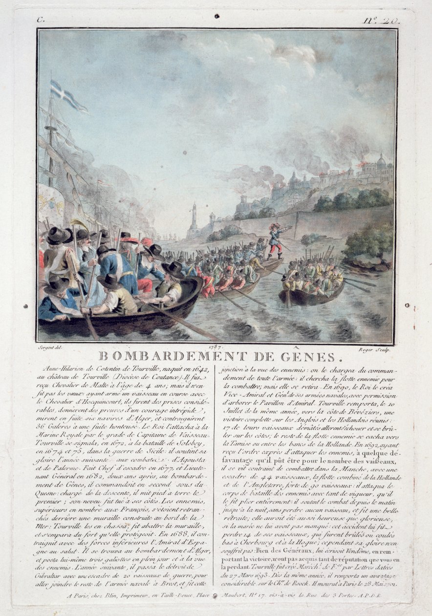 Genovan pommitus, 1684, kaiverrus Jean Baptiste Morret (fl.1790-1820), 1787 tekijältä Antoine Louis Francois Sergent Marceau