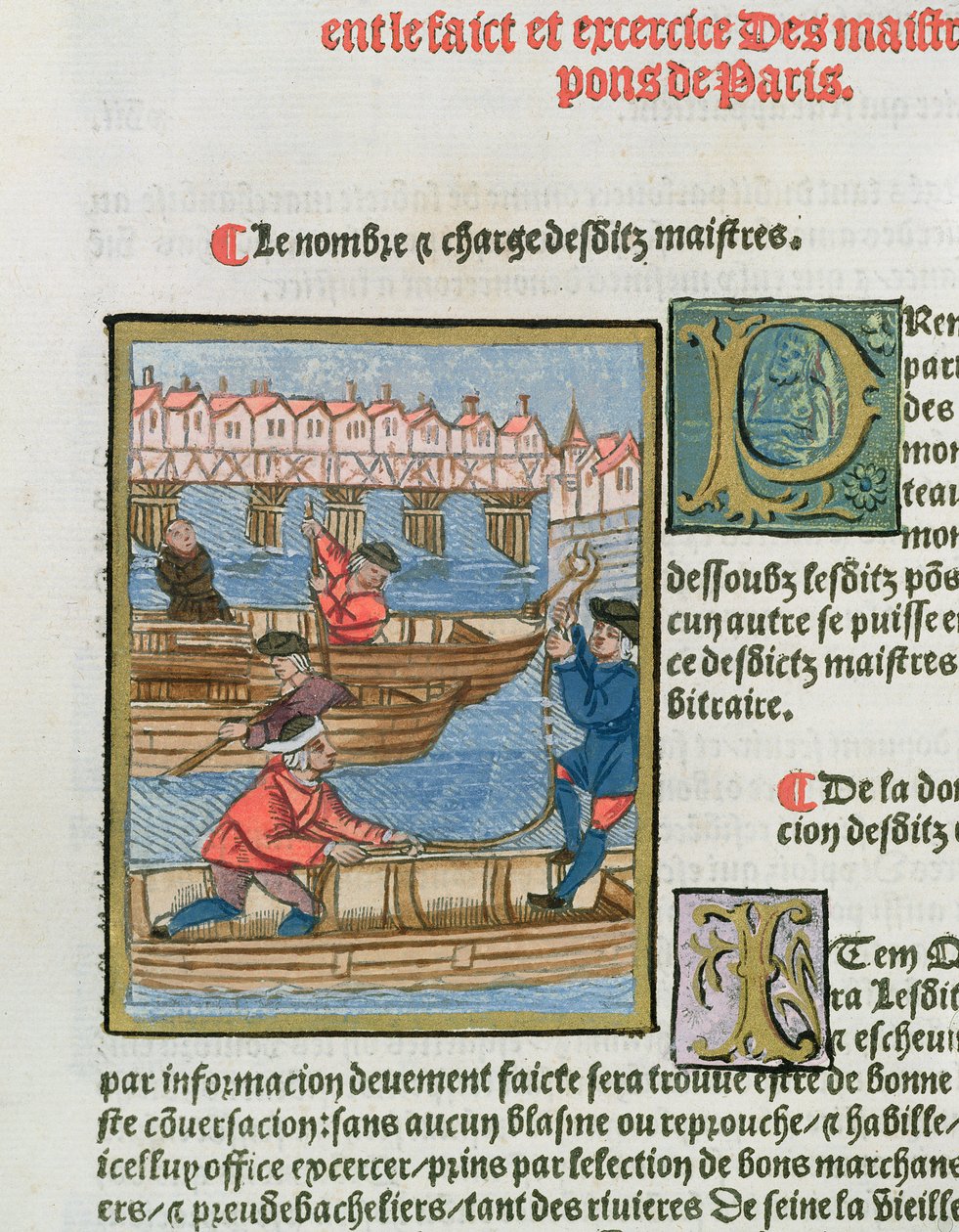Lauttamiehiä Seine-joella, "Ordonnances Royaux de la Juridiction de la Prevote des Marchands de la Ville de Paris", 1528 (wc ja guassi paperilla) tekijältä Antoine Verard