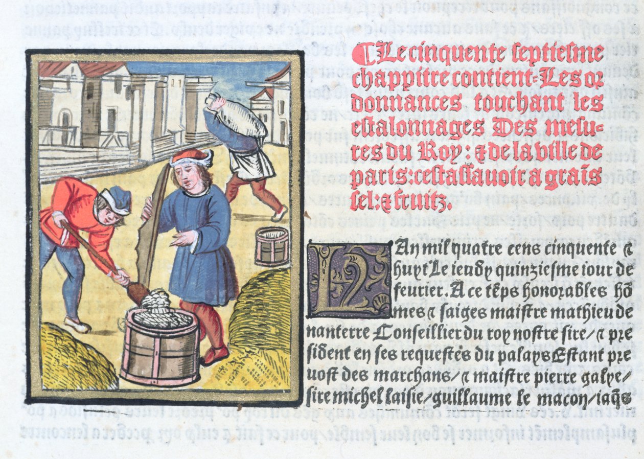Mittauslaasti (tai kipsi), julkaisusta "Ordonnances Royaux de la Juridiction de la Prevote des Marchands de la Ville de Paris", julkaistu vuonna 1528 (wc und gouache paperilla) tekijältä Antoine Verard